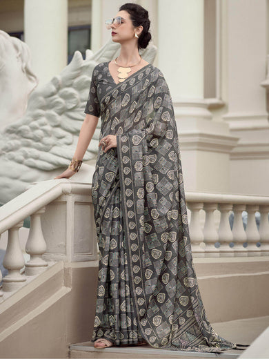 Lovely Grey Printed Mal Mal Silk Event Wear Saree With Blouse